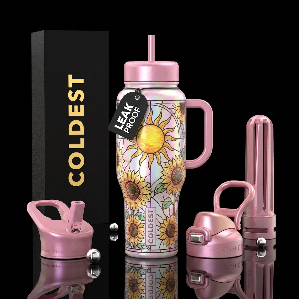 Light pink stained glass window with a sun and sun... water bottle design
