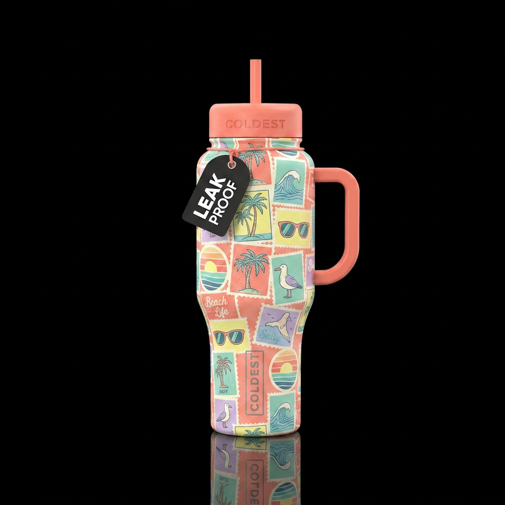 Salty retro beach art stamps in soft pastel colors water bottle design
