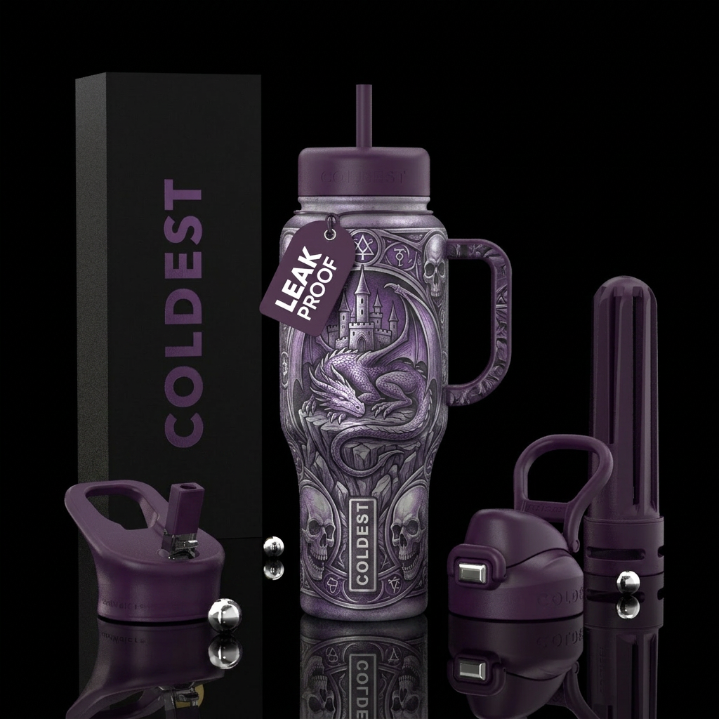 Dragon, skulls, castles, magic in purple and grays... water bottle design
