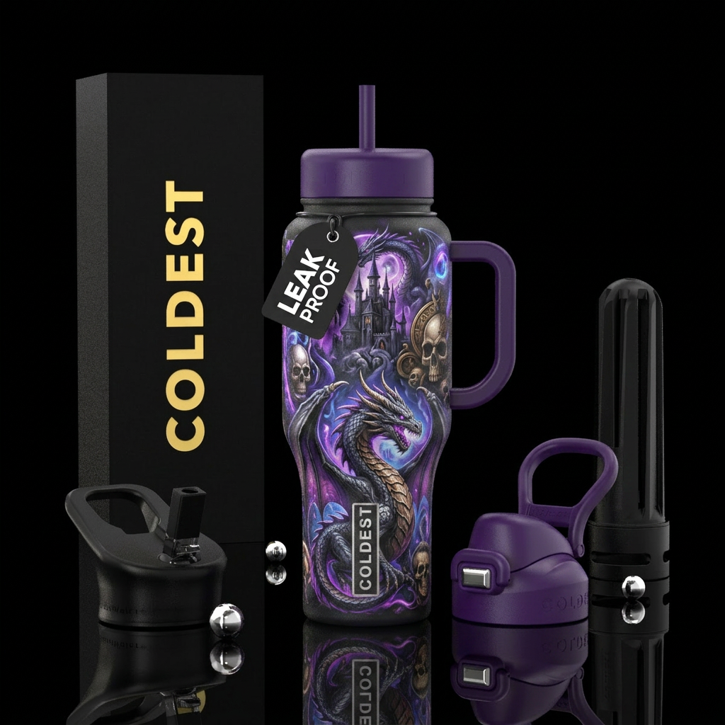 Dragon, skulls, castles, magic in purple and grays... water bottle design