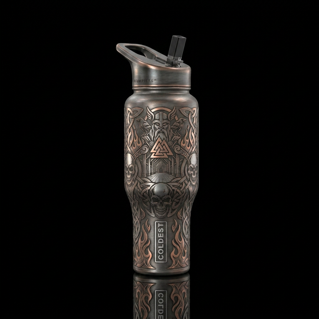 Viking, skulls, fire, Odin, Valhalla water bottle design