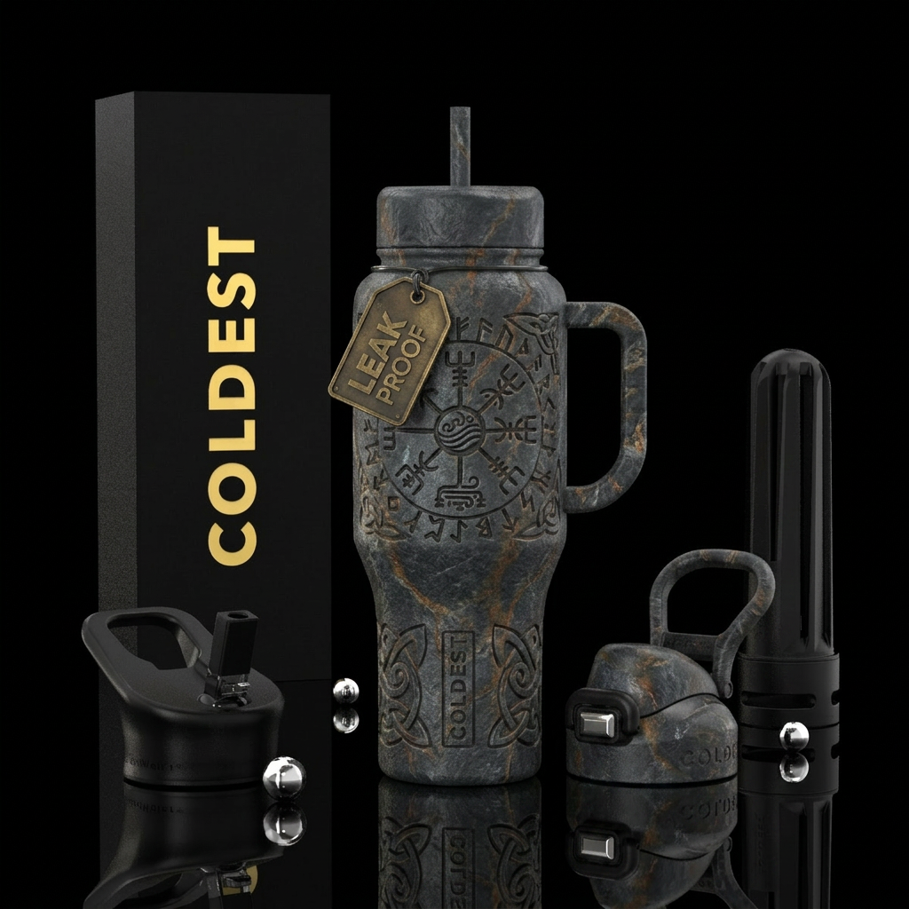Viking, stone, rustic, elemental, Nordic, dark water bottle design