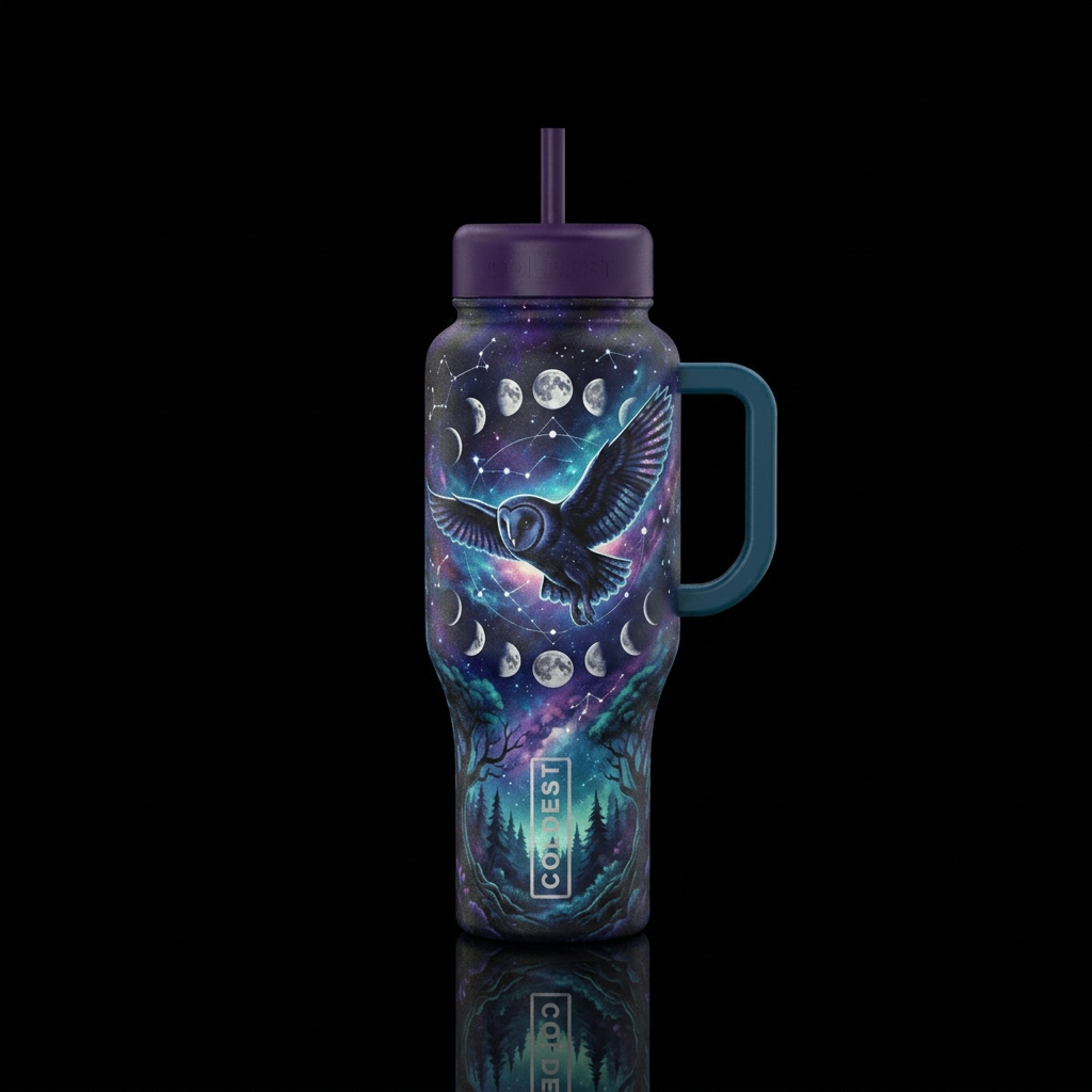 Black barn owl, moon phases, forest, night, cosmic water bottle design