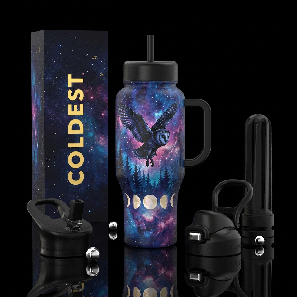 Black barn owl, moon phases, cosmic, forest, night... water bottle design