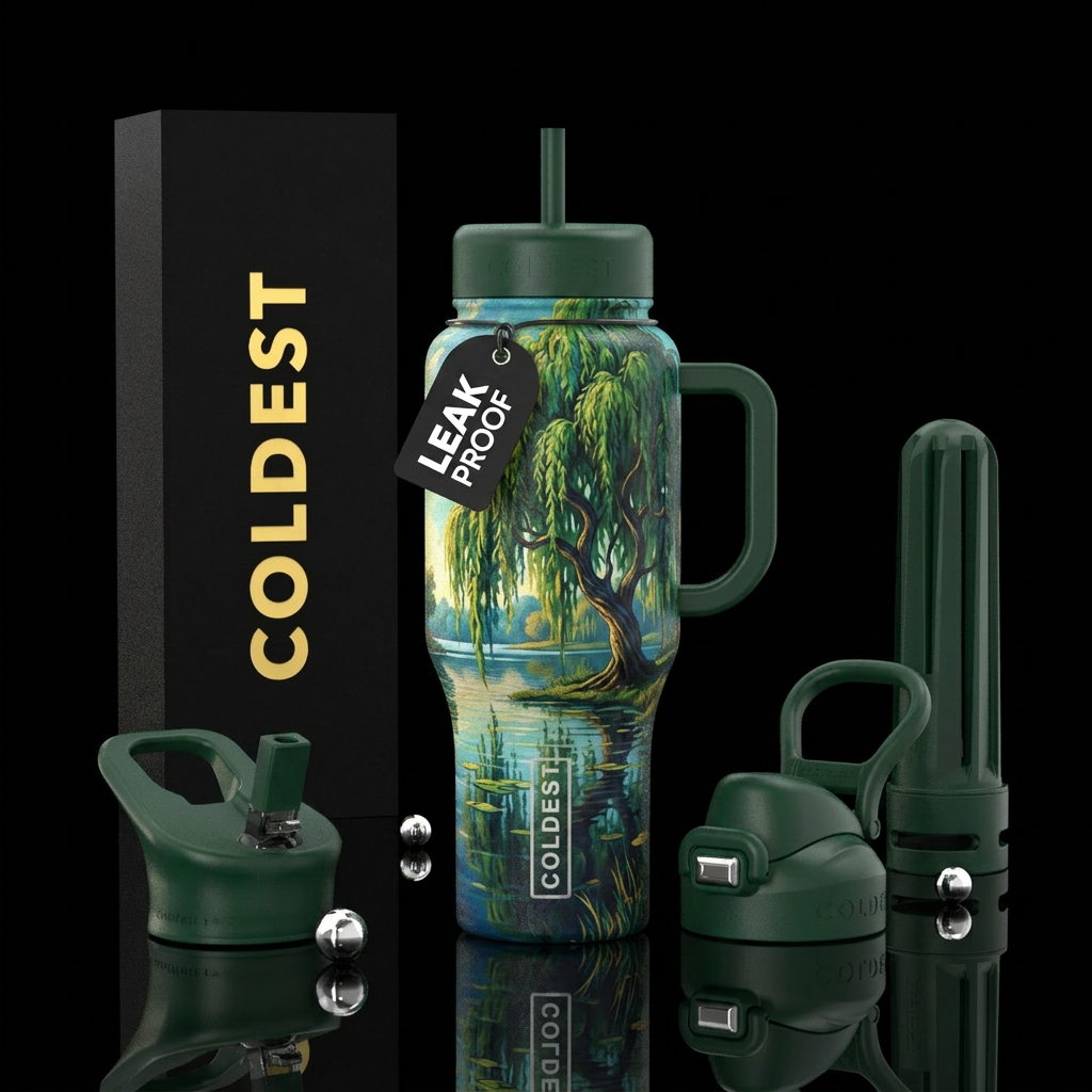 Weeping willow tree by lake water bottle design