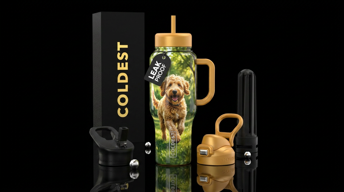 Goldendoodle at a park water bottle design
