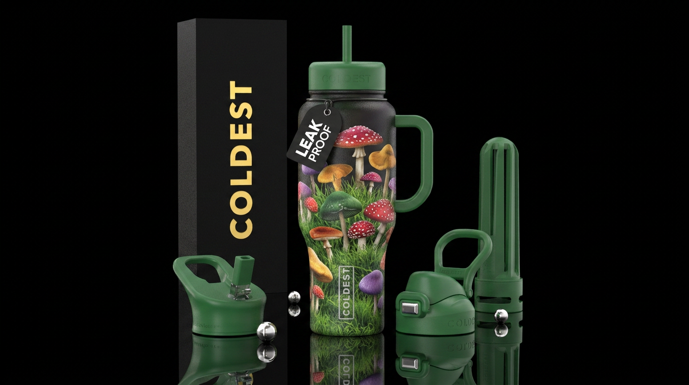 Garden of colorful mushrooms in grassy areas, vibr... water bottle design