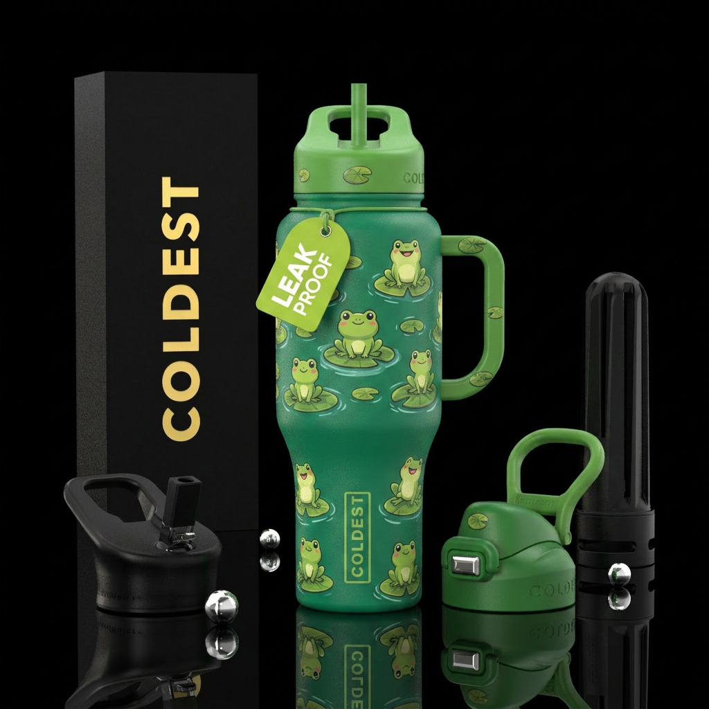 cartoon frogs on lily pad in pond water bottle design