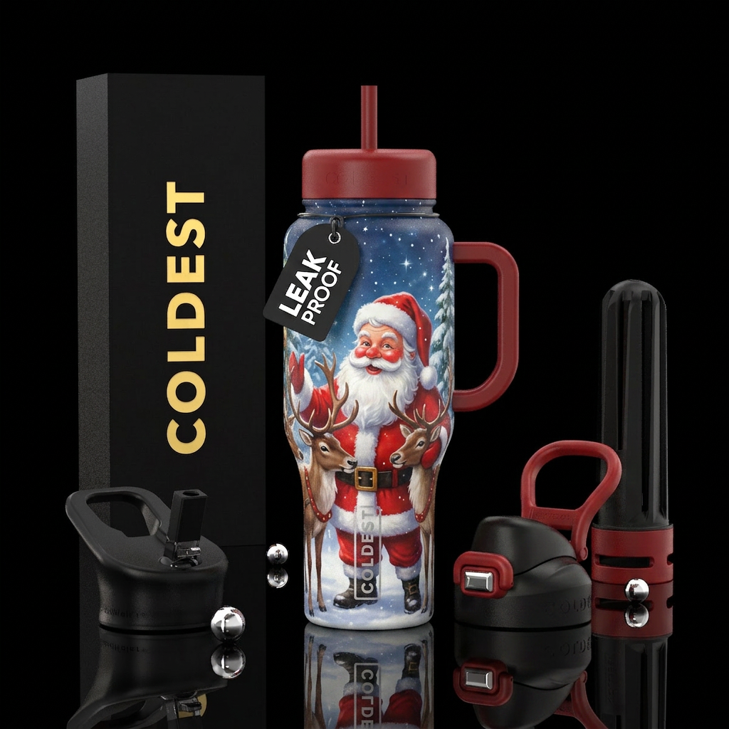 Jolly Santa with rosy cheeks with reindeer snowy b... water bottle design
