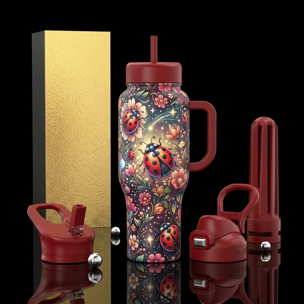 Ladybugs, magic, whimsical on flowers vibrant colo... water bottle design