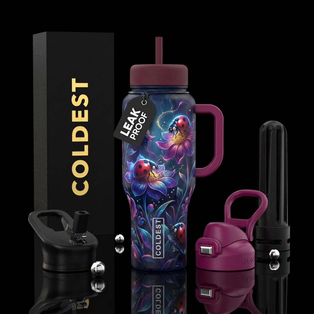 Ladybugs, magic, whimsical on flowers vibrant colo... water bottle design