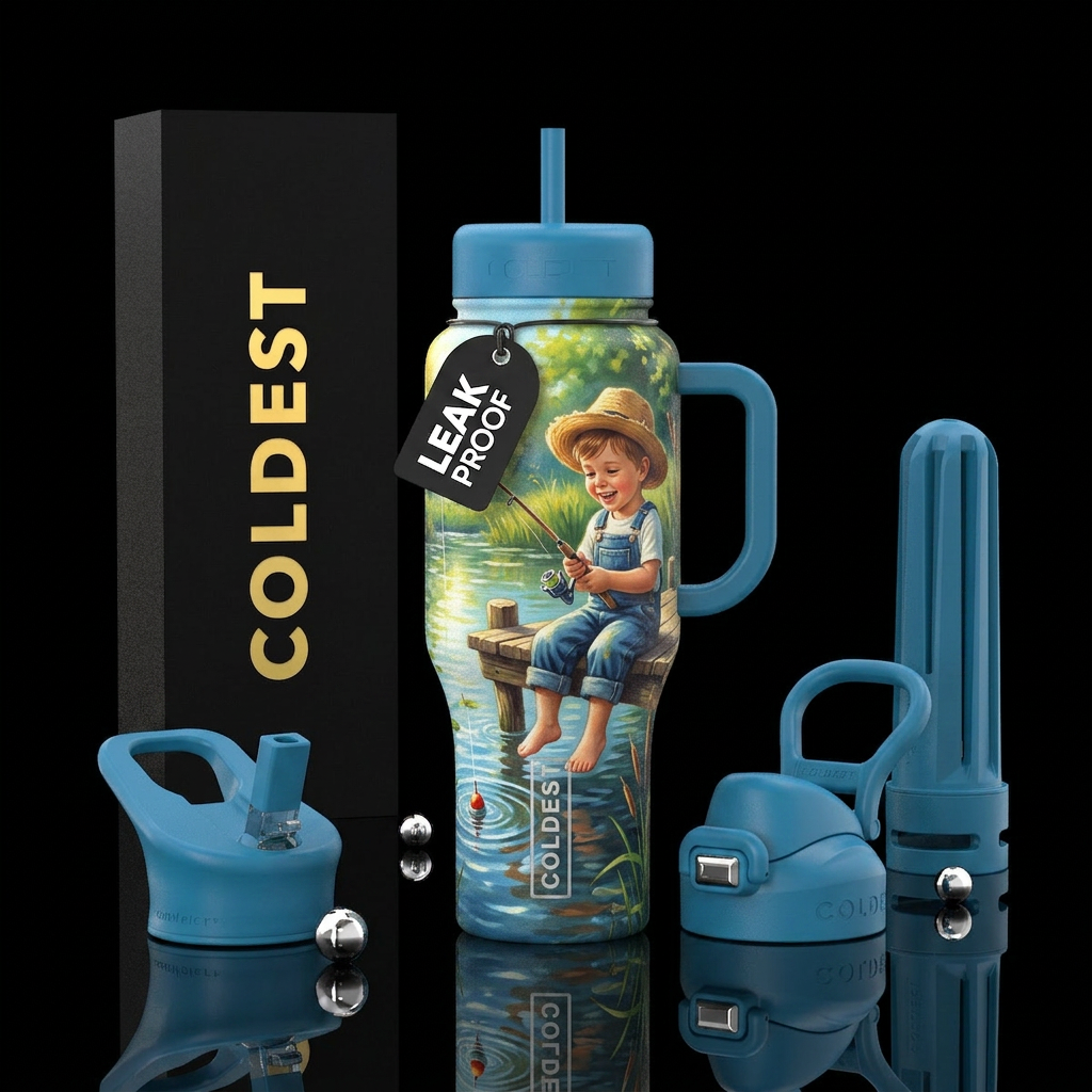 Little boy fishing, barefoot in overalls on a summ... water bottle design