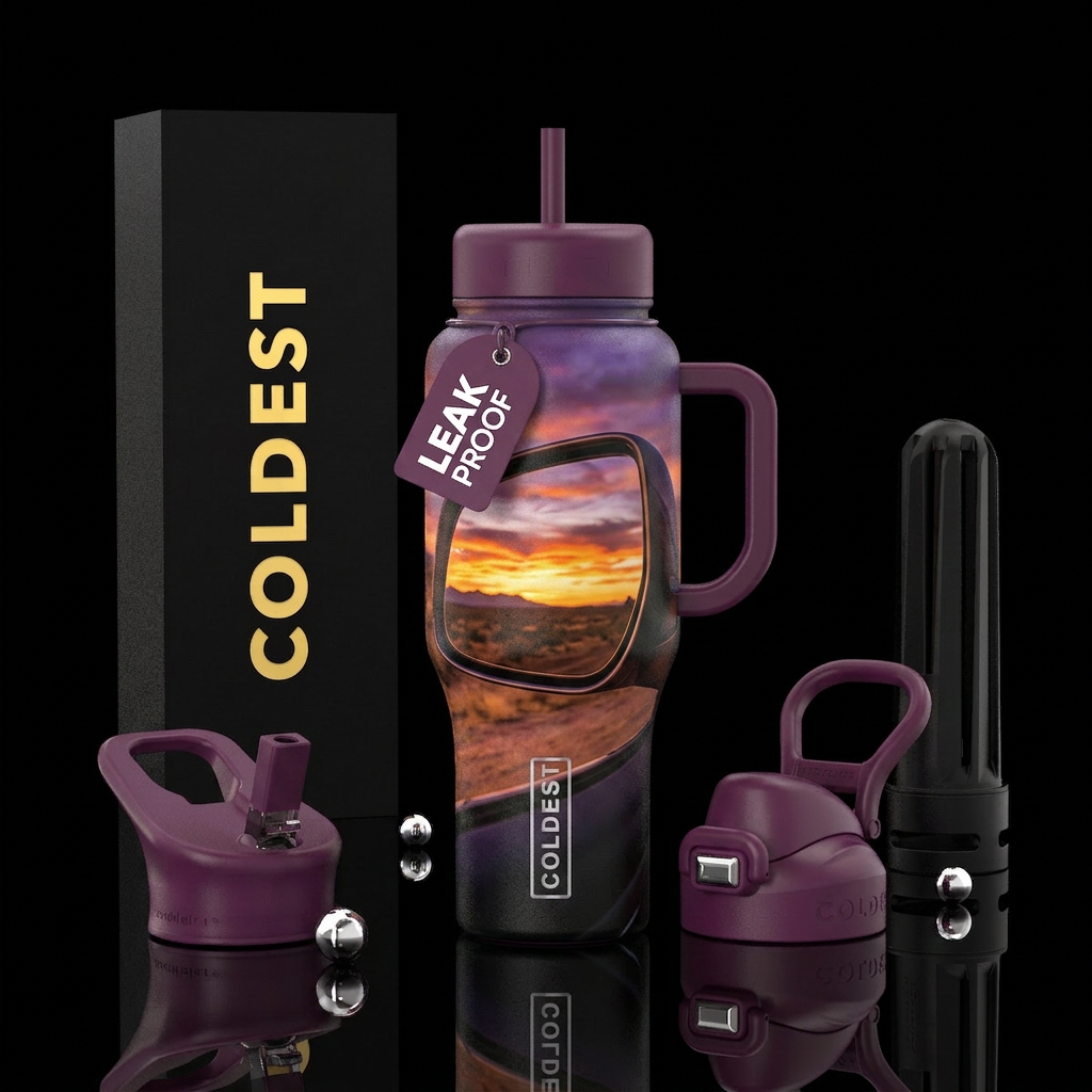 Car rear view mirror showing vibrant sunset water bottle design