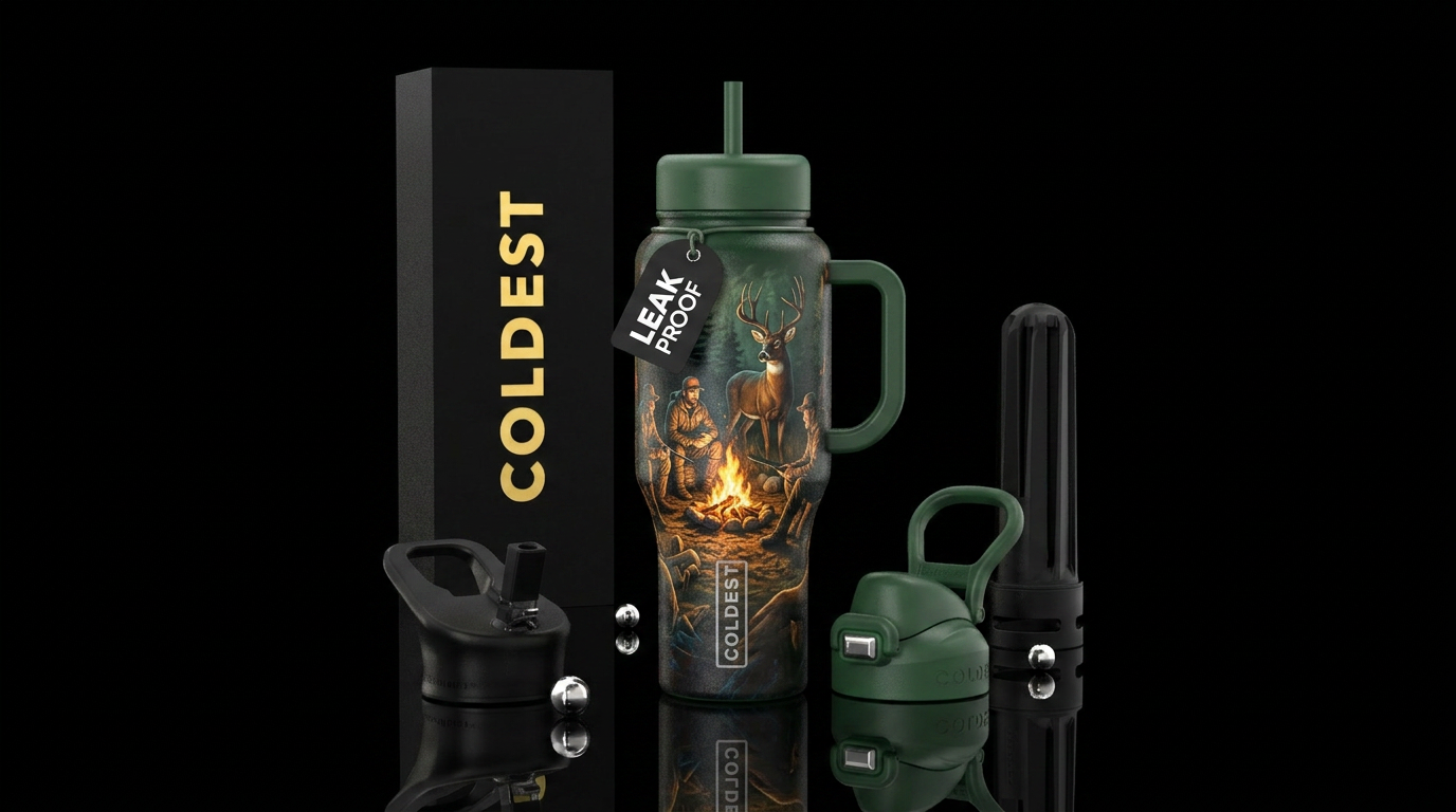 Hunters around campfire with deer looking at them water bottle design