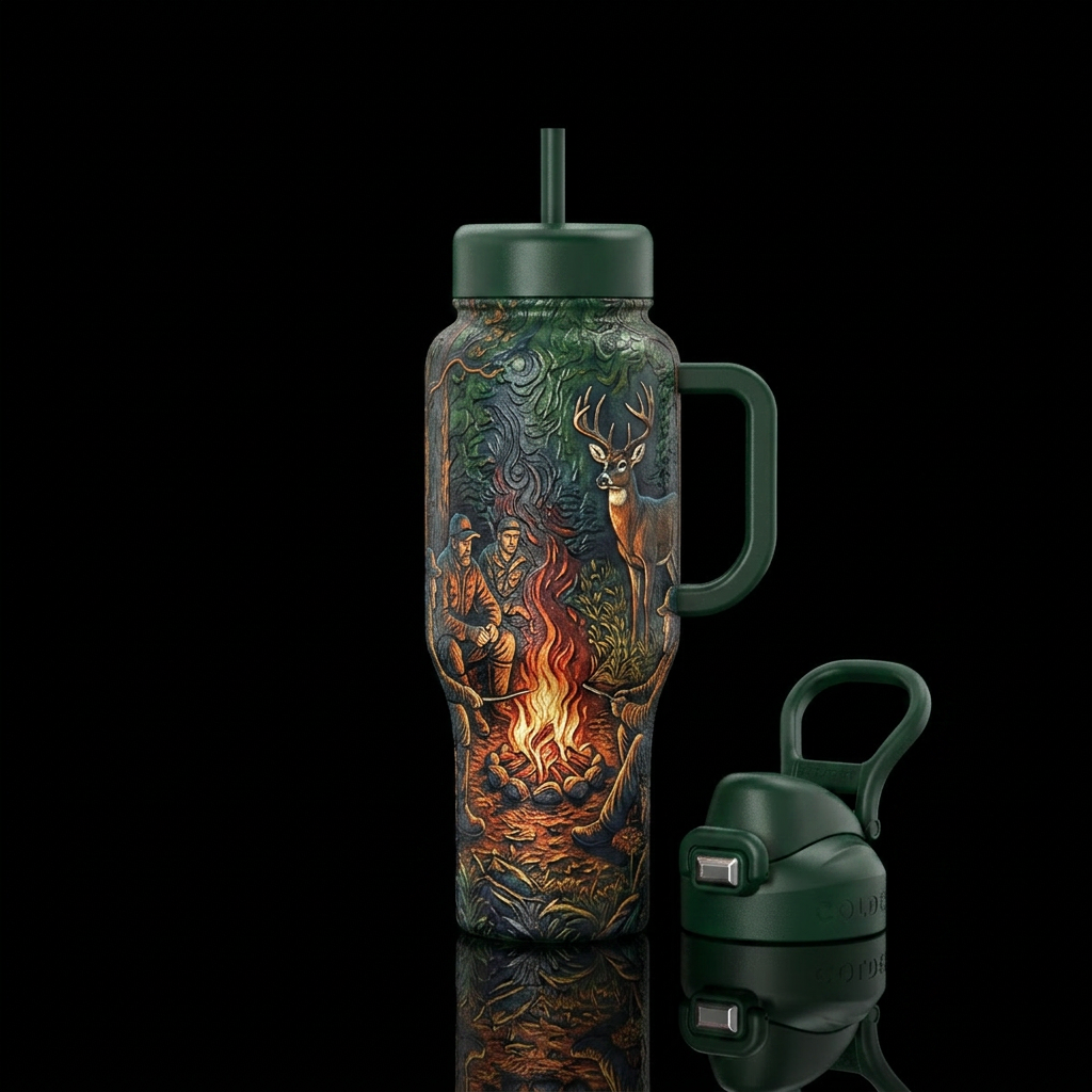 Hunters around campfire with deer looking at them water bottle design