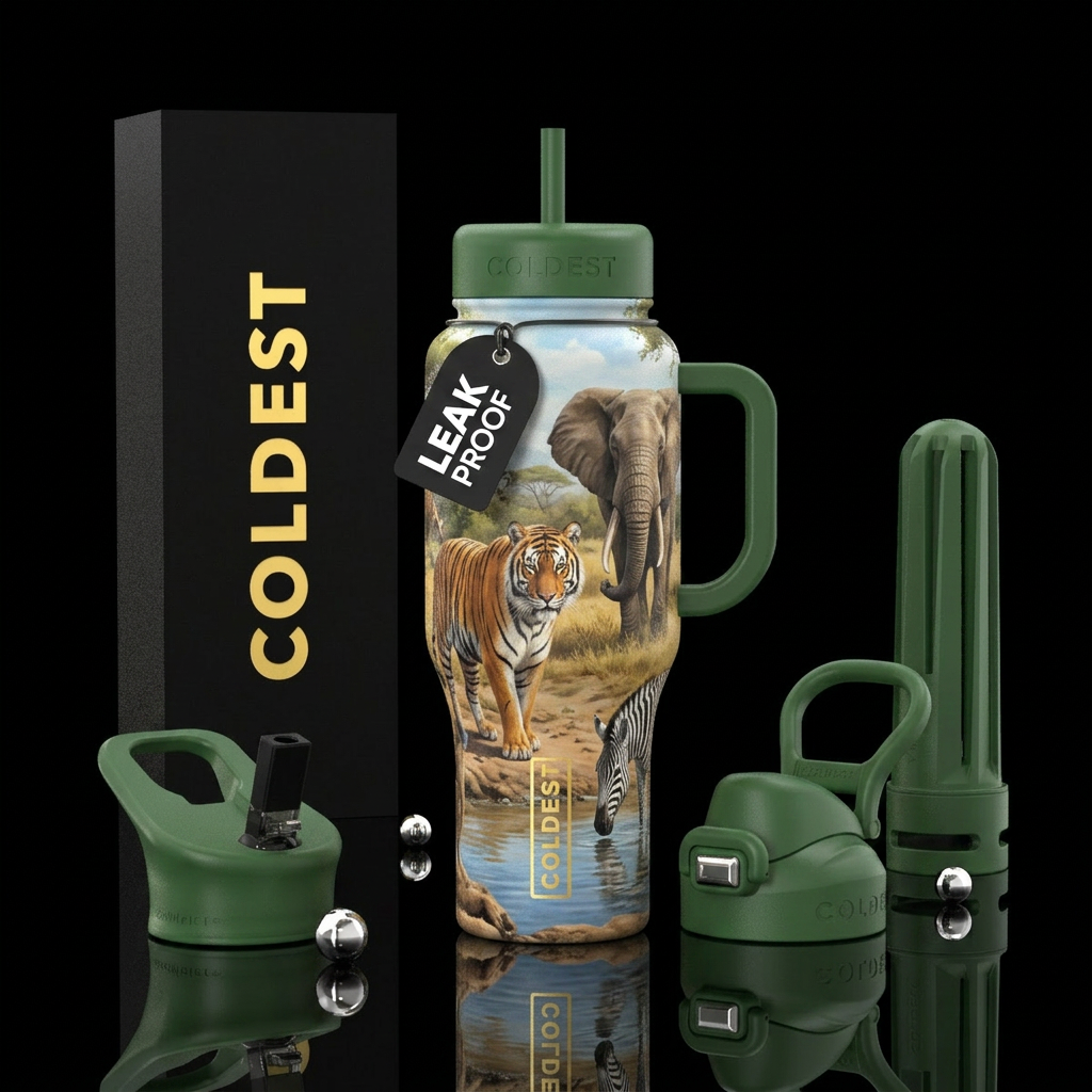 Realistic tiger elephant zebra in safari with wate... water bottle design