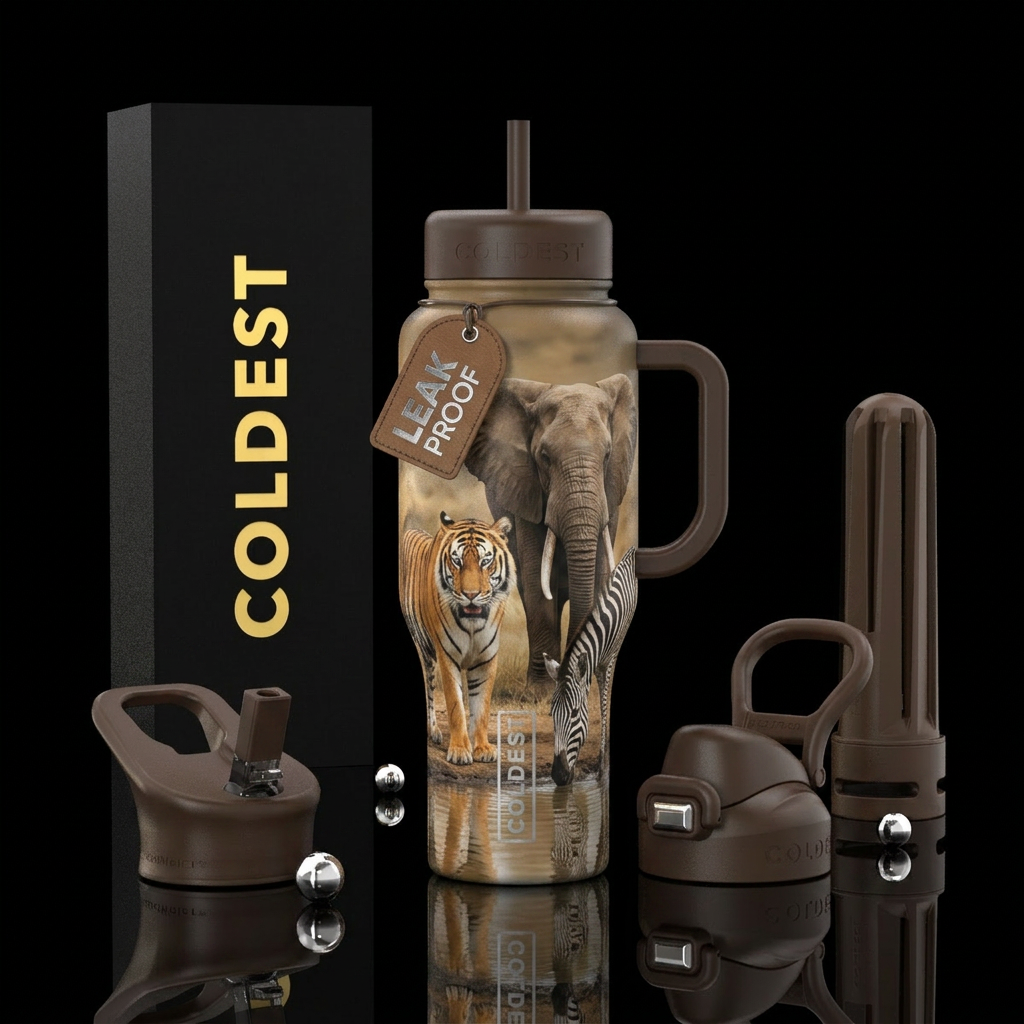 Realistic tiger elephant zebra in safari with wate... water bottle design