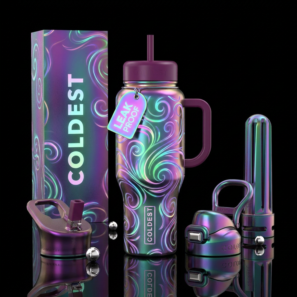 glowie, swirls, irridescent, romanticism water bottle design