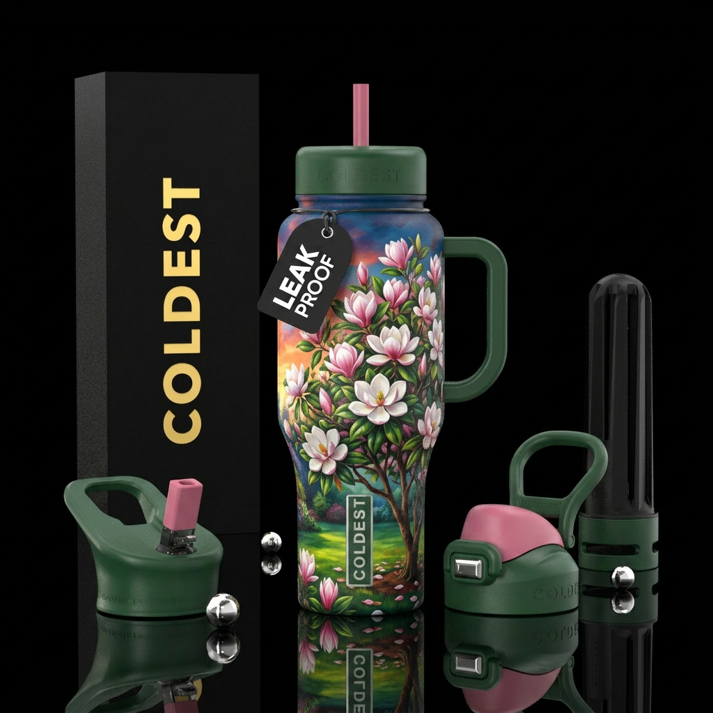 Magnolia tree in bloom in lush green yard with col... water bottle design