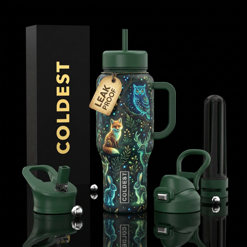 Forest animals, glowie in the woods water bottle design