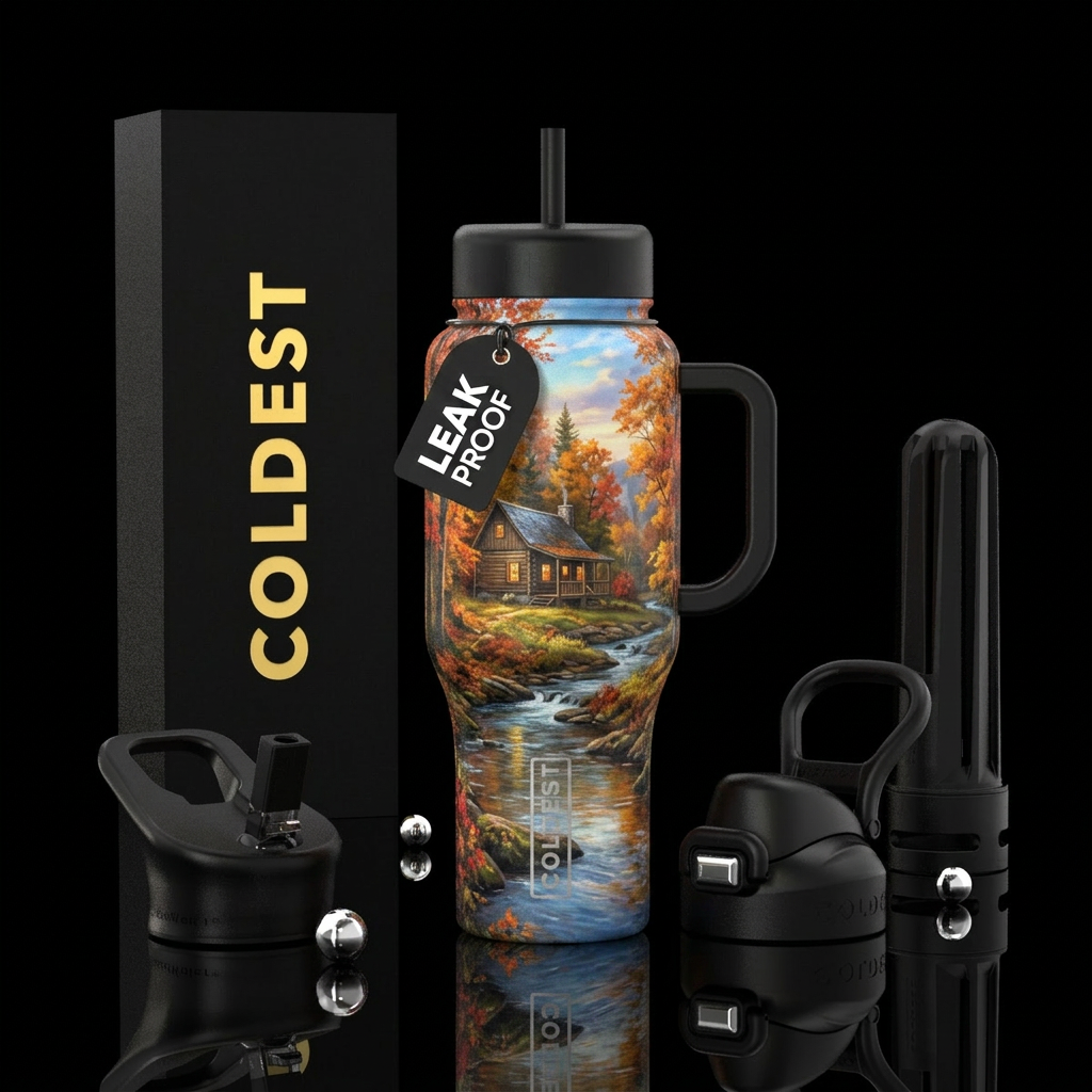 Cabin in the woods autumn creek beautiful sky vibr... water bottle design
