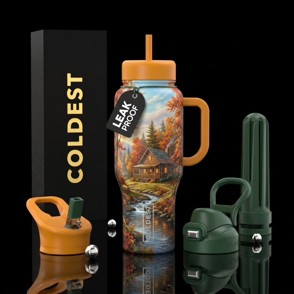 Cabin in the woods autumn creek beautiful sky vibr... water bottle design