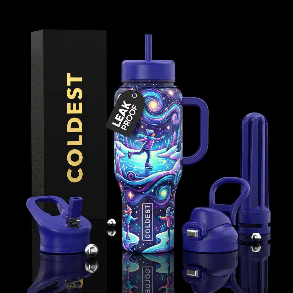 glowie ice skating, happy mood, whimsical water bottle design