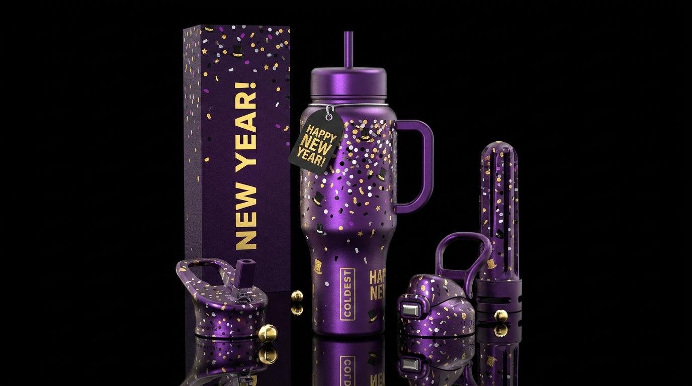 New Year’s Eve party fun with gold black silver pu... water bottle design