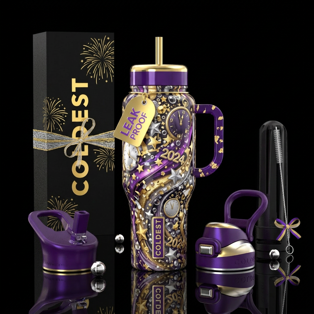 New Year’s Eve party fun with gold black silver pu... water bottle design