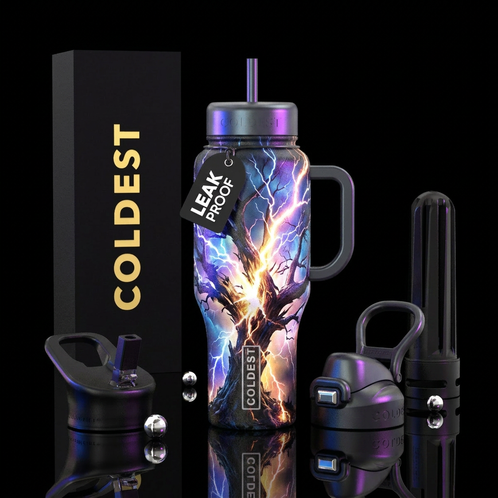 Explosive lightning cracking a tree in storm water bottle design