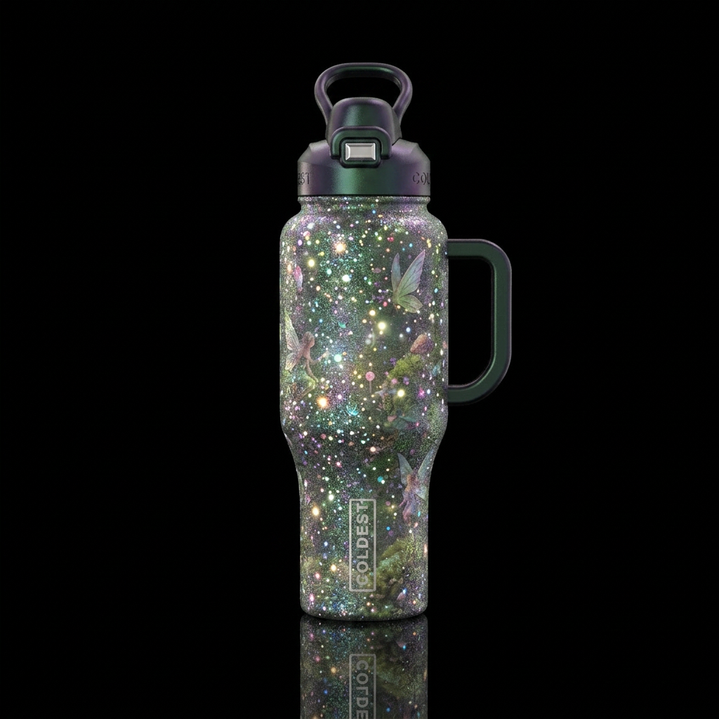 Magical fairy garden sparkly water bottle design