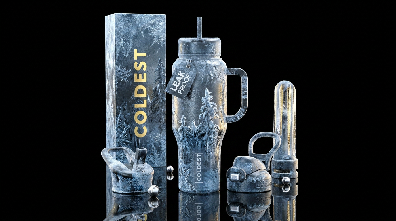 Winter ice storm showing trees covered realistic water bottle design