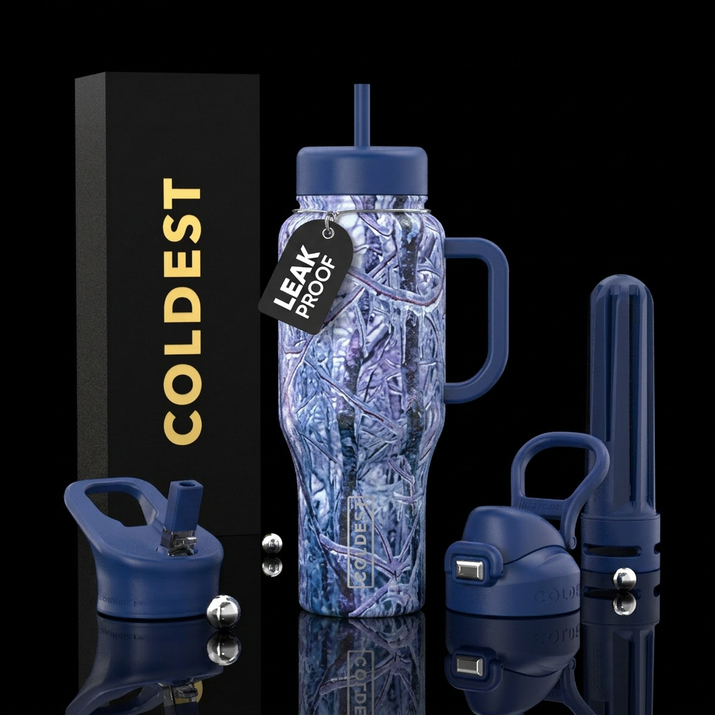 Winter ice storm showing trees covered realistic water bottle design