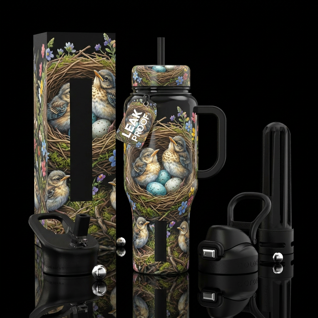 Baby birds resting in a nest water bottle design