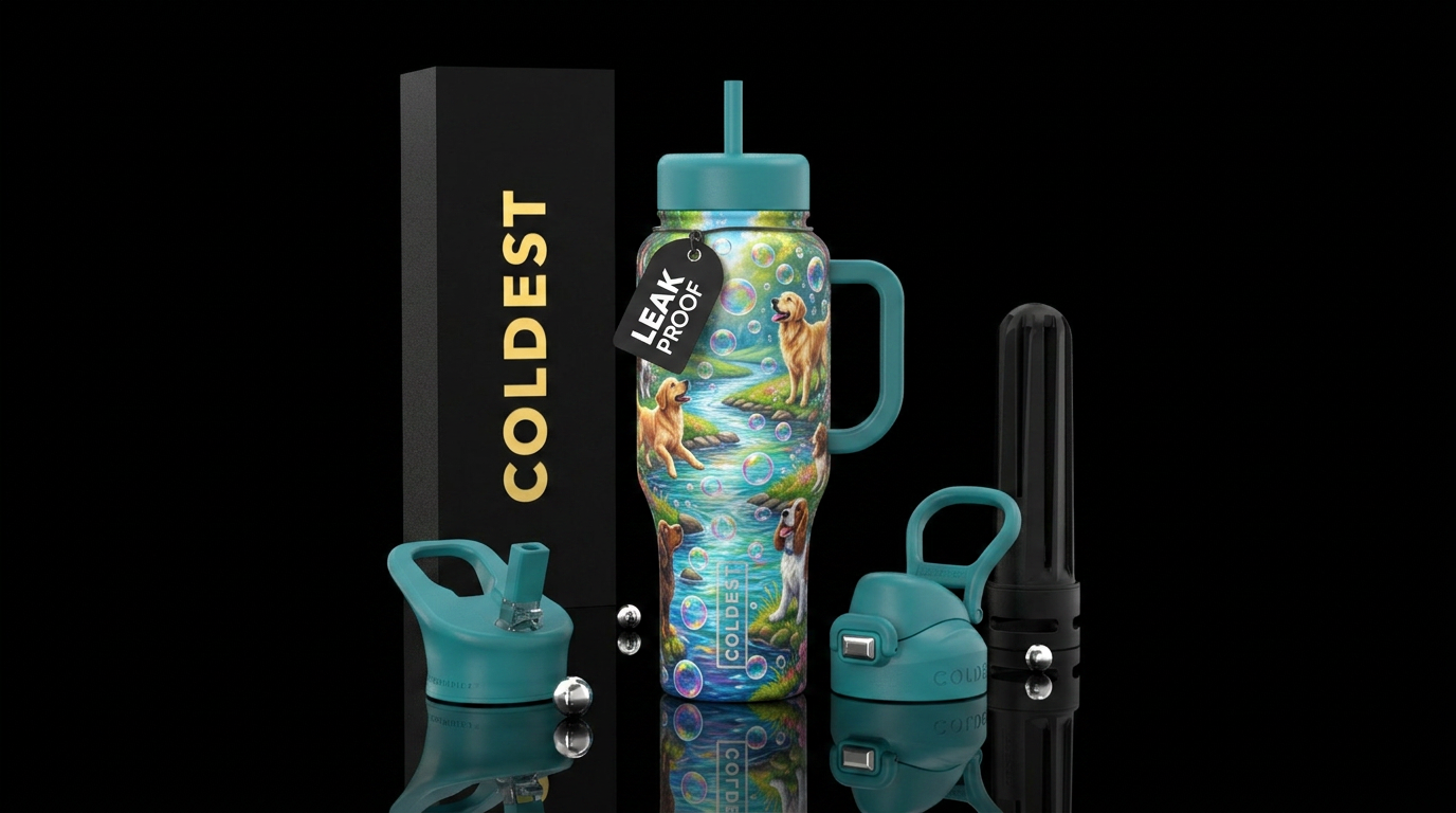 Dogs trying to pop bubbles near a stream lush colo... water bottle design