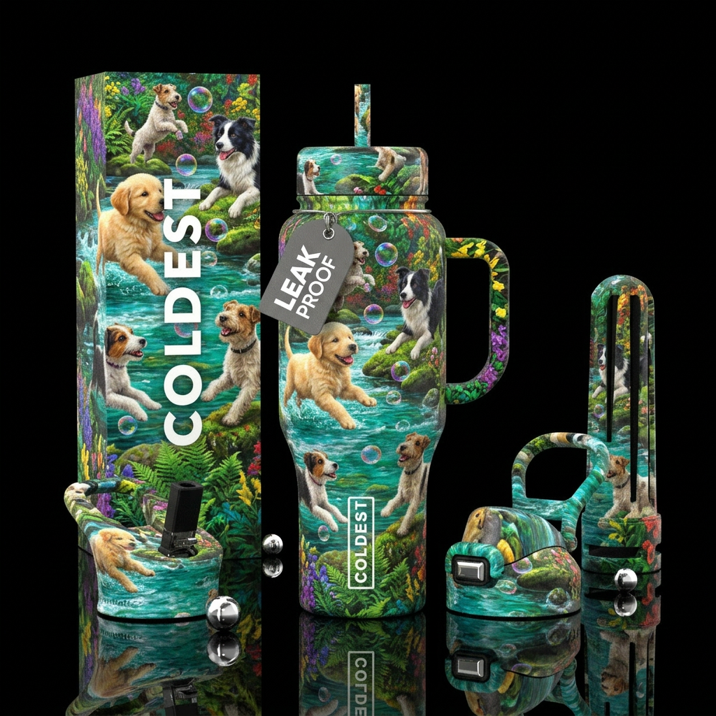Dogs trying to pop bubbles near a stream lush colo... water bottle design