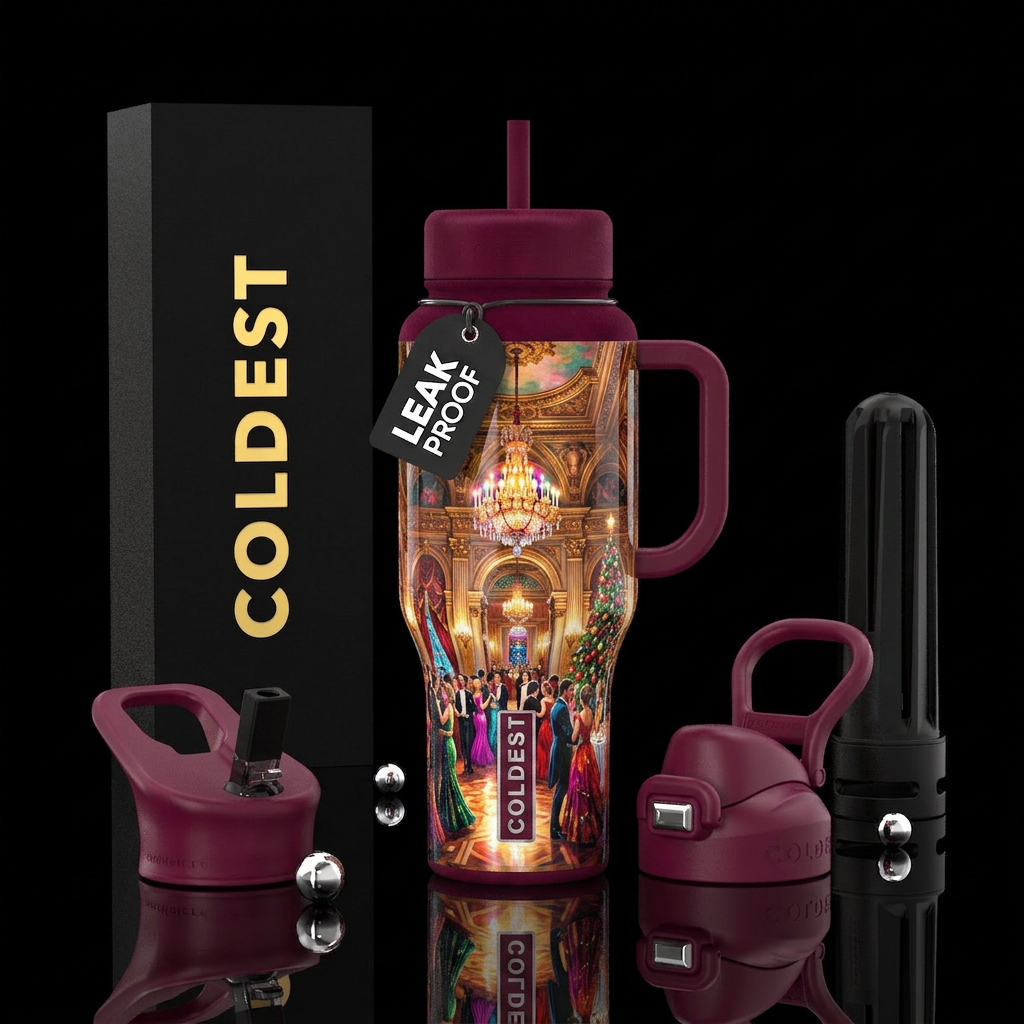 Elegant Christmas ballroom, vibrant colors water bottle design