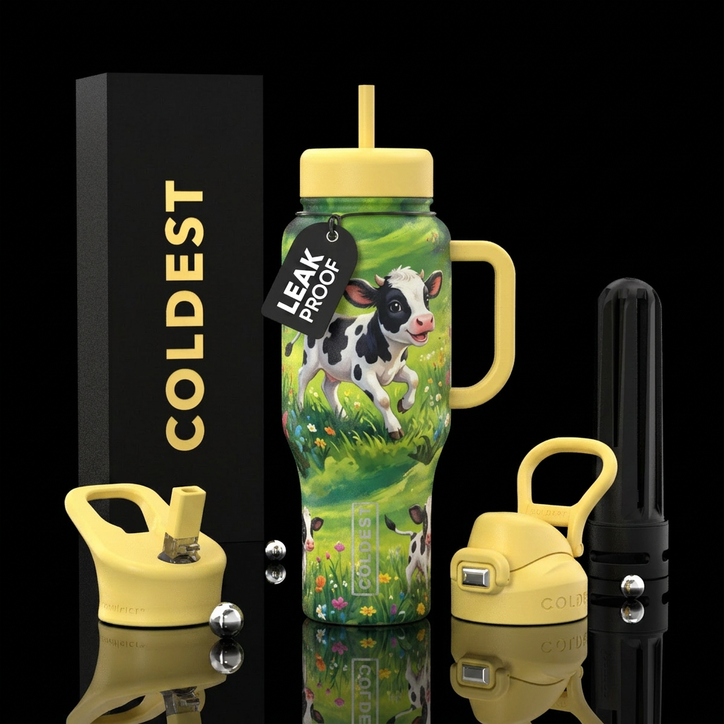 Fun Playful baby cow running in field water bottle design