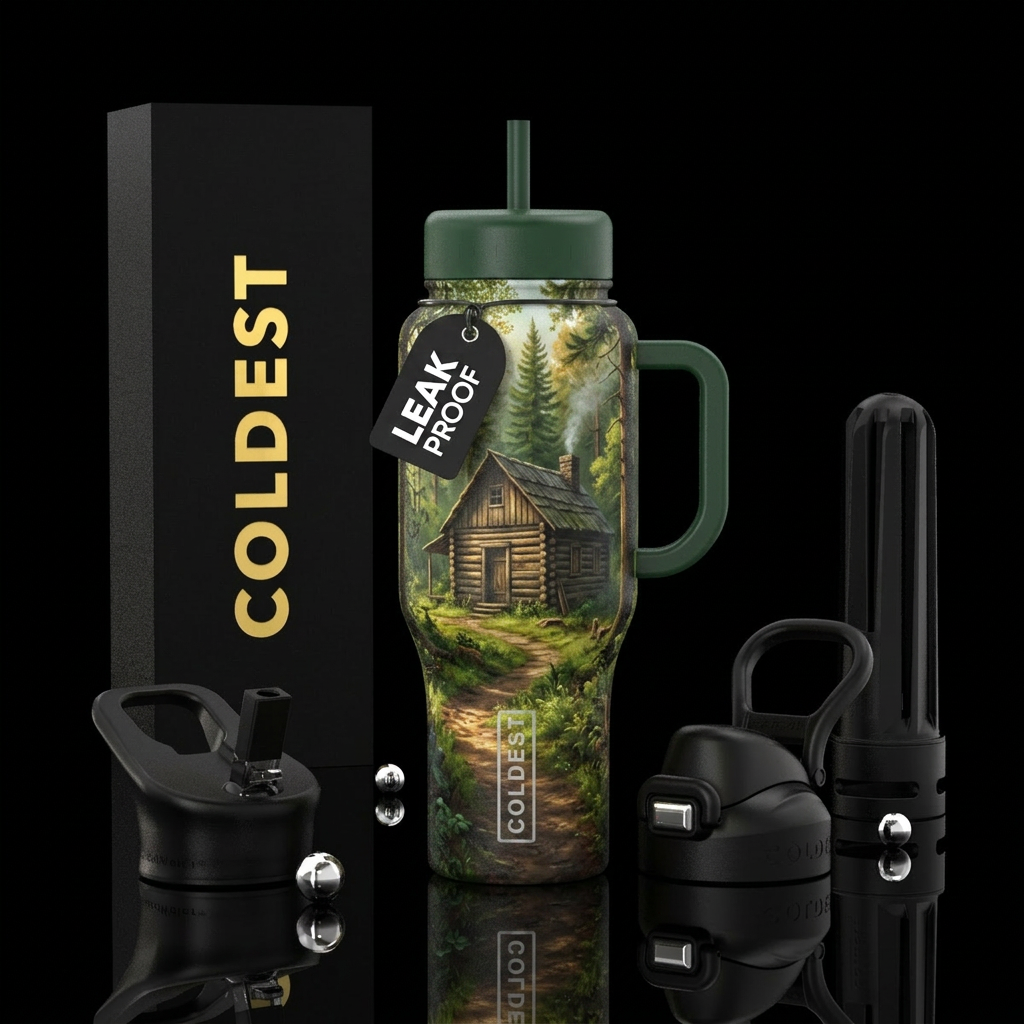 rugged primitive cabin on a trail in the forest lu... water bottle design