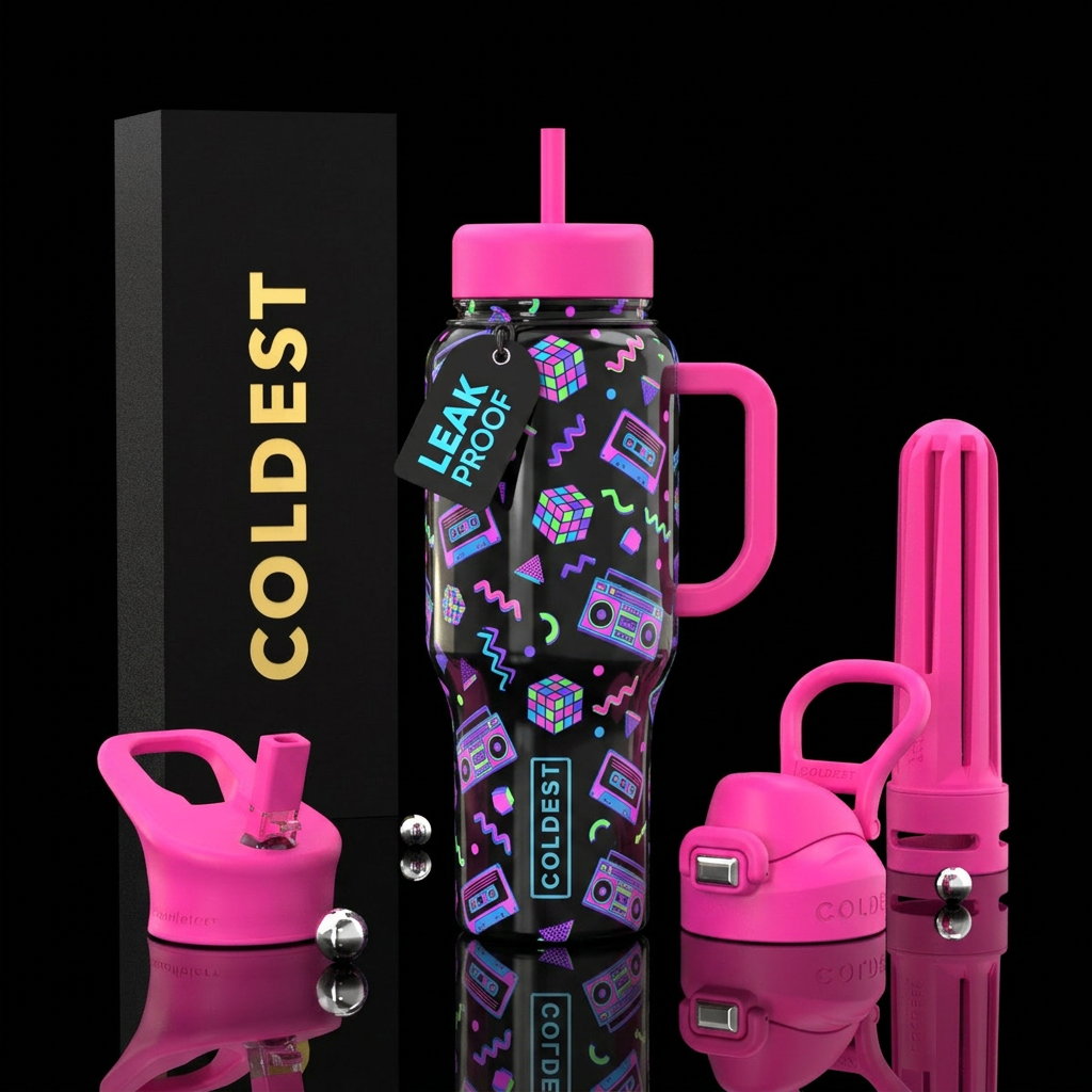 Neon colors with popular 1980’s fads water bottle design