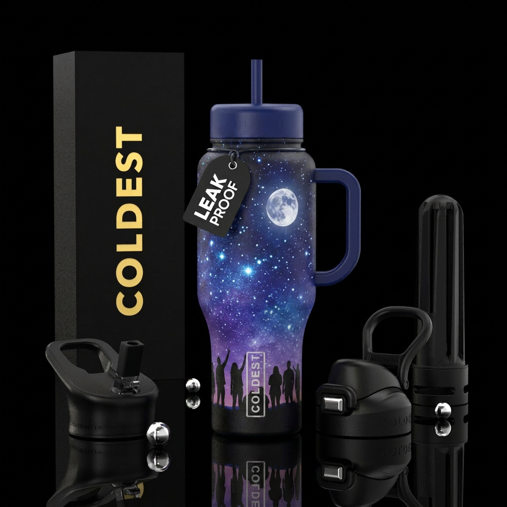 Sky showing a full moon and bright stars with peop... water bottle design