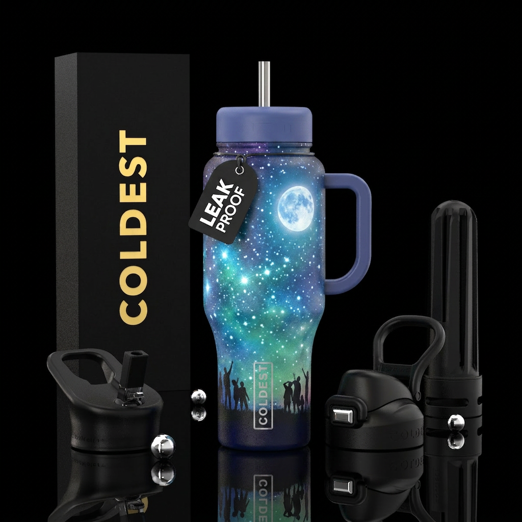Sky showing a full moon and bright stars with peop... water bottle design