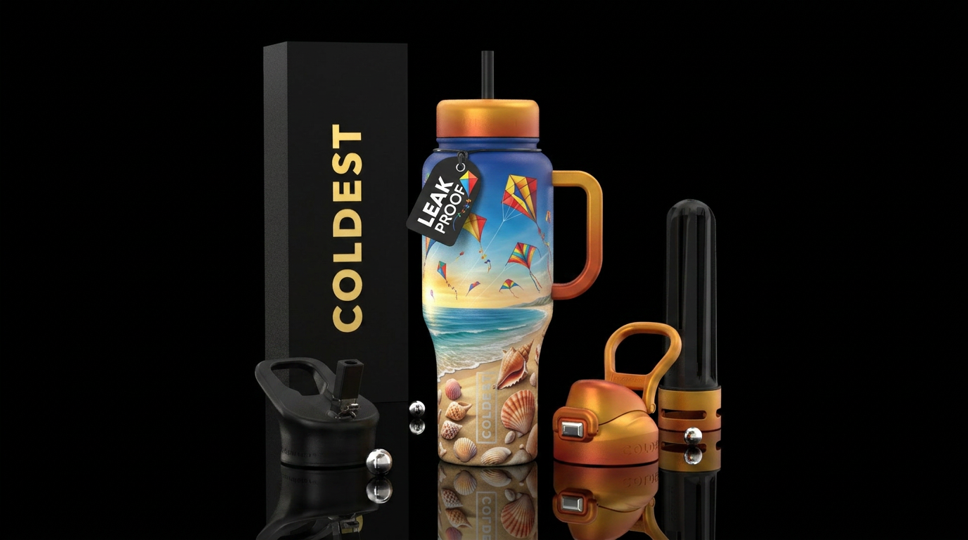 Fun summer day kite flying at ocean seashells in s... water bottle design