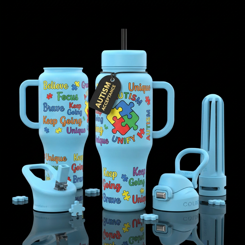 Light blue bottle Autism and puzzle piece on front... water bottle design