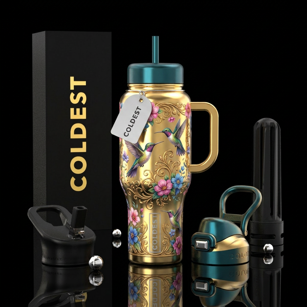 Hummingbirds on a golden cup with swirls and flowe... water bottle design