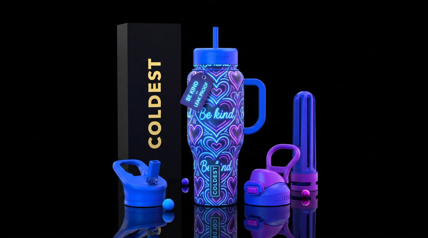 Neon cup Be kind on front and back of cup with hea... water bottle design