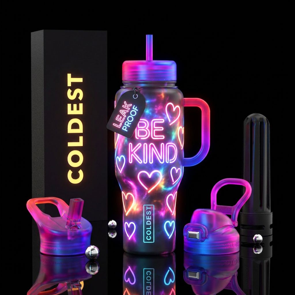 Neon cup Be kind on front and back of cup with hea... water bottle design
