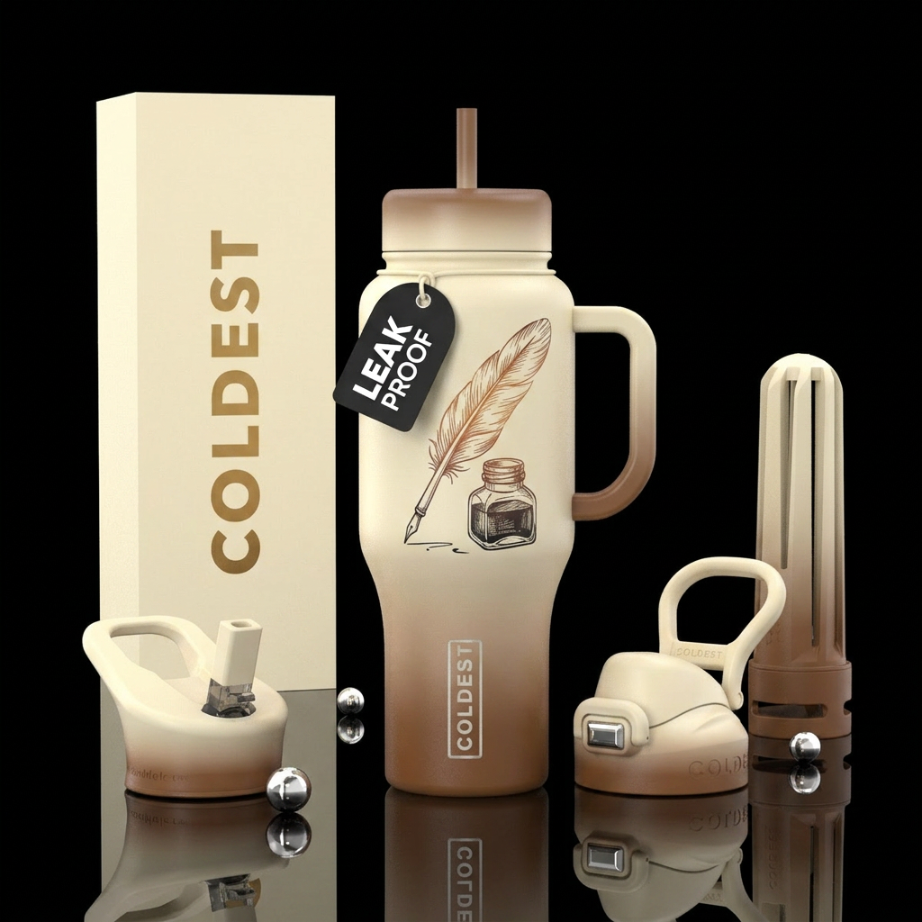 Cream and brown ombré with vintage quill pen inkwe... water bottle design