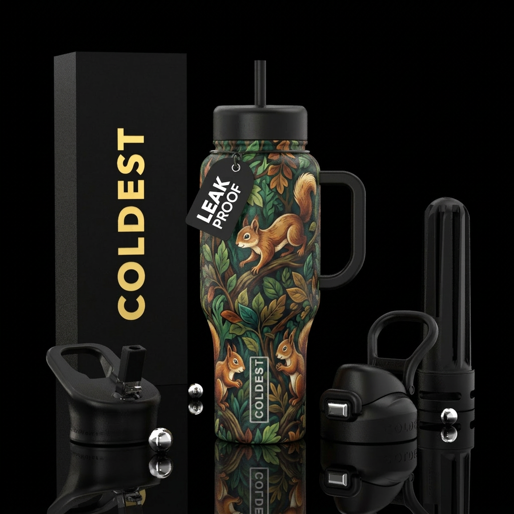 Squirrels playing in tree lush colors water bottle design