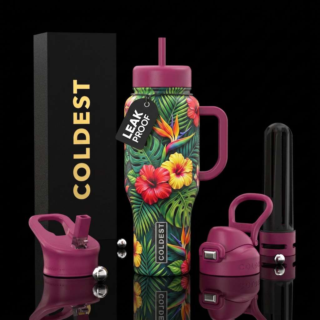 tropical flowers, vibrant, beautiul, artistic, mag... water bottle design
